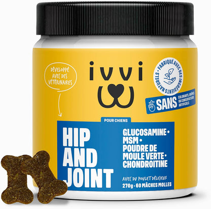 Ivvi - Hip and Joint - Articulations, Anti-Arthrose - Complément Alimentaire Pour Chien, Hautement Concentré - MSM, Moule À Lèvres Vertes, Glucosamine - 60 Friandises Au Poulet, 270G